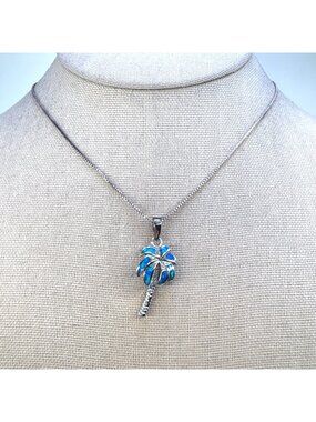 Blue Opal Palm Tree Pendant Necklace Sterling Silver 925 Size 15.5" Length